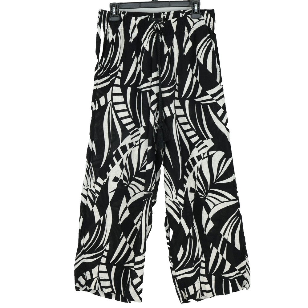 Tahari Pants Womens Large Black Ivory Floral Linen Wide Leg Tassel Semi Sheer
